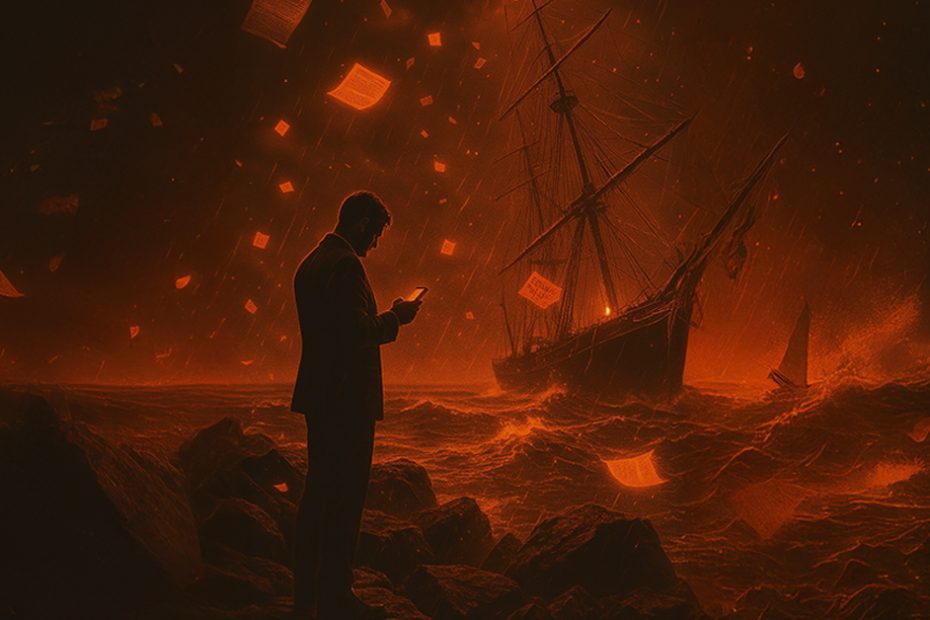 a man standing on rocks in front of a ship in the rain